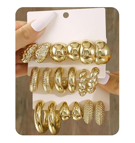 9 Pairs Gold Hoop Earrings for Women Hypoallergenic Chunky Open Hoops Dangle Earring Packs Jewelry Set Gift - Image 1