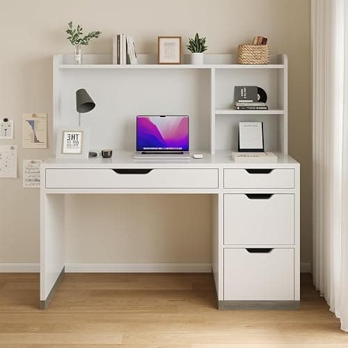 MaverickFurni White Desk with Hutch and Drawers, 53 Inch Computer Desk with Storage File Drawer, White Study Desk with 4 Drawers for Bedroom, Small Space thumbnail 8
