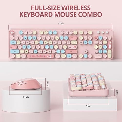 SbocKeeb Pink Keyboard and Mouse Wireless, American QWERTY Cute Typewriter Wireless 2.4GHz Colorful Full Size Keyboard with Number Pad, for Windows PC Laptop,Colorful Pink thumbnail 3