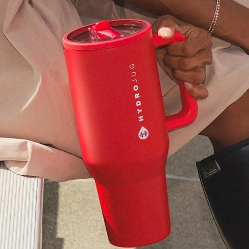 HydroJug Traveler - 32 oz Water Bottle with Handle & Flip Straw - Fits in Cup Holder, Leak Resistant Tumbler-Reusable Insulated Stainless Steel & Rubber Base - Gifts for Women & Men, Alumni Red thumbnail 2