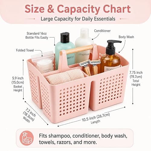 PAKCHOICE Portable Shower Caddy Basket with Wood Handle, 3-Compartment Bathroom Organizer Tote with Drain Holes, Plastic Shower Basket for Dorm, Toiletries, Cleaning Supplies, Pink thumbnail 2