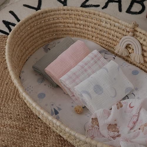 Gllquen Baby Muslin Bassinet Sheets 3 Pack, Breathable Elastic Cozy Fitted Cotton Bassinet Mattress Sheet for Baby Boy Girls, Fit for Hourglass Oval Rectangular Cradle Pad Sheets 33"x17" (Bear Dream) thumbnail 8