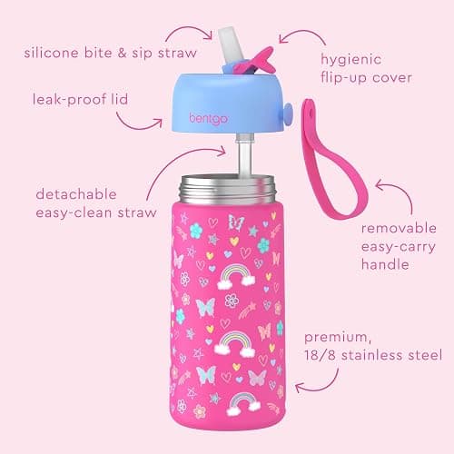 Bentgo® Kids Stainless Steel Insulated Water Bottle - Leak-Proof; Keeps Cool for 12 Hours; Durable, BPA-Free, Dishwasher Safe 14 oz. Cup for Ages 3+ for School/Sports/Daycare (Rainbows & Butterflies) thumbnail 4