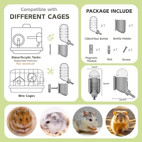 Hamster Water Bottle with Magnetic Holder, Freestanding Water Bottle for Glass Tanks, Suitable for Syrian Dwarf Hamsters Gerbils Mice Rats Degus (Grey, 4oz) thumbnail 3