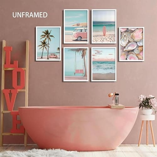 6Pcs Pink Coastal Beachy Wall Art Coastal Granddaughter Ocean Preppy Room Wall Decor Beach Aesthetic Paintings Pictures Posters Prints Artwork for Teen Girls Dorm Home Decoration(8x10 in Poster) thumbnail 2