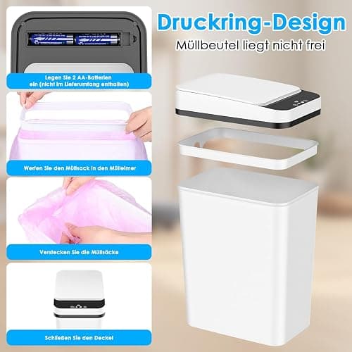 Gaethra 2er Set Mülleimer mit Sensor, 12L Automatischer Elektrischer Deckel Sensor, 3 Betriebsmodi, Leise Wasserdicht Intelligenter Abfallbehälter, für Küche Büro Wohnzimmer Badezimmer (2 er Weiß) thumbnail 5