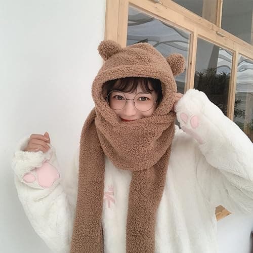 Women Kawaii Bear Ear Beanie Hat Scarf 2 in 1 - Cute Winter Warm Sherpa Thicken Fleece Fuzzy Japanese Fluffy Knit Hat Cap thumbnail 4