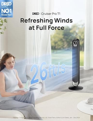 Dreo Tower Fan for Bedroom, 90° Oscillating Standing Fan, 30ft far, 28dB Quiet for Sleep, 6 Speeds, 4 Modes, 12H Timer, 42 Inch, Bladeless, Remote, for Home, Office, Room, Cruiser Pro T1 thumbnail 2