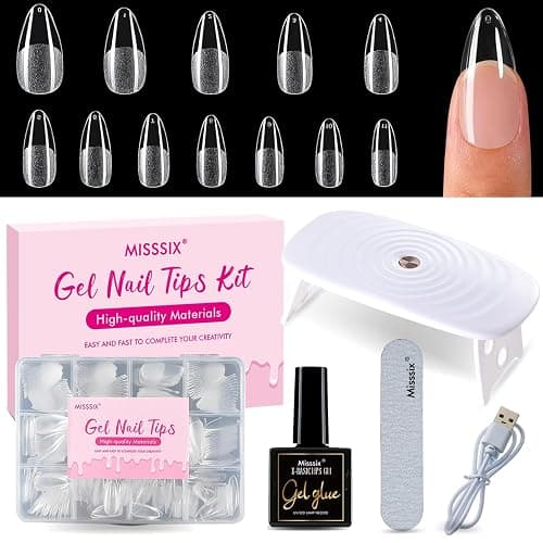 Misssix Medium Almond Gel Nail Tips Kit, 360Pcs Pre Etched Clear gel x Fake Nails, Full Cover False Nail 9-in-1 Gel Glue and Portable Mini U V Nail Lamp for Women 12 Sizes - Image 1