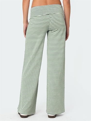 Sunloudy Women's Striped Fold Over Pants Elastic Waist Straight Leg Yoga Sweatpants Stretchy Foldover Lounge Leggings thumbnail 4