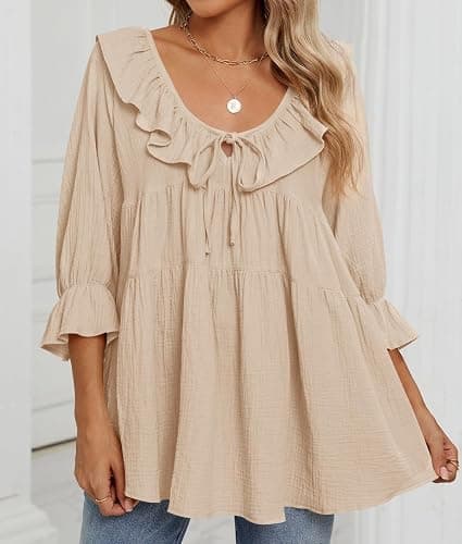 ZESICA Womens Scoop Neck 3/4 Length Sleeve Tops 2025 Casual Tie Front Ruffle Tiered Loose Tunic Shirts Blouses Fall Outfits thumbnail 7