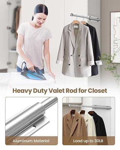 Supforce Valet Rod for Closet Pull Out, Retractable Slide Out Valet Rod Closet Organization, 12" Aluminum Valet Clothing Hanger Rods Perfect for Suits, Freshly Pressed Clothes, Polished Chrome thumbnail 4