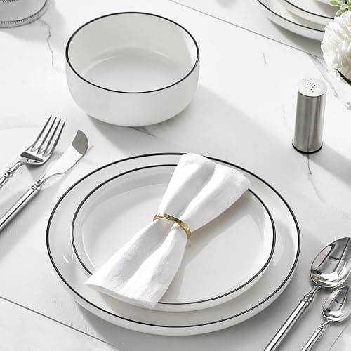 MALACASA Plates and Bowls Sets, 12 Pieces Modern Porcelain Dinnerware Set for 4 White Kitchen Dinner Dining Ware Set wtih Black Rim Ceramic Dishware Dishes Microwave and Dishwasher Safe, Series LUNA thumbnail 7