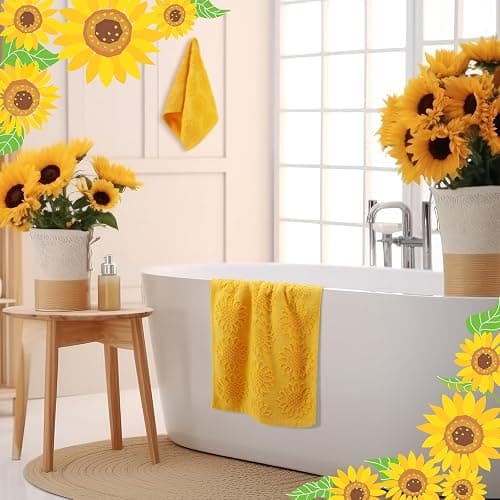SmoothNovelty 2 Pcs Yellow Sunflower Hand Towels 100% Cotton Jacquard Weave | Bath Towel Set Soft Absorbent Dish Washcloth for Bathroom Kitchen Summer Theme Gifts, 13.8x29.5 Inch thumbnail 4