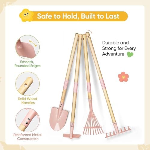 Grenebo Kids Gardening Set with Wheelbarrow, 11-Piece Outdoor Yard, Beach, STEM Garden Play Kit with Child-Sized Tools, Durable, Safe & Fun Gift Toy for Ages 2+ Kids Toddlers Boys Girls (Pink) thumbnail 6