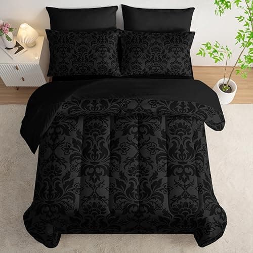 Axolotl Black Grey Comforter Set Full Size,7 Piece Damask Bedding Set Boho Paisley Comforter Set Gothic Vintage Floral Bed Set Elegant Victorian Baroque Comforter with Flat Fitted Sheet 4 Pillowsham thumbnail 2