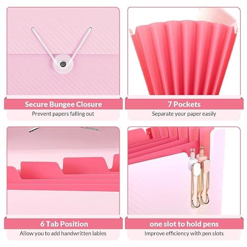 SKYDUE Pink School Office Supplies, Accordion File Organizer - 7 Pocket Letter Size Expanding Folder for School & Office - Portable Document Organizer thumbnail 5