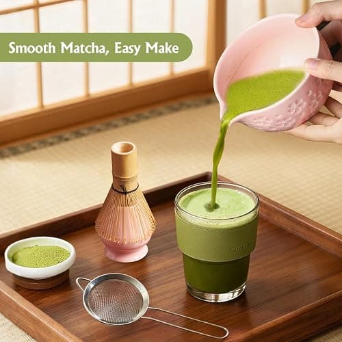 Matcha Whisk Tea Set Kit: Japanese Matcha Kit - Ceramic Bowl Bamboo Whisk Chasen Holder spoon Measuring Scoop Sifter - Traditional Practical for Tea Ceremony Breakfast Lattes - Home Kitchen Christmas thumbnail 7