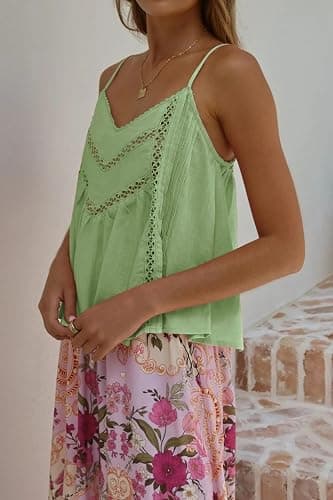 Allimy Womens Casual Adjustable Straps V Neck Linen Pleated Crochet Cami Shirt Tanks Tops thumbnail 3