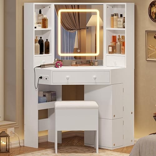 BTHFST Corner Vanity Desk with Lights and Charging Station, Makeup Vanity with Lights, Vanity Set with Mirror and Storage Stool, Makeup Table with Drawers, Rotating Shelves, White thumbnail 3