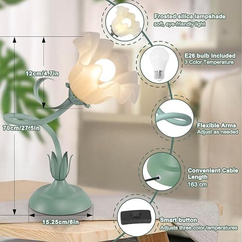 Flower Desk Lamp,LED Reading Light Bedside Vintage Flower Night Light,3 Colors Modes Cute Bedside Lamps Decor,Living Room Bedroom Room Kawaii Lighting Table Lamps Home Decoration (Green) thumbnail 5