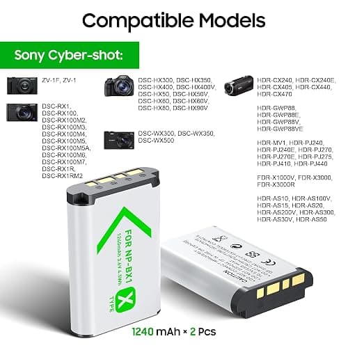 NP-BX1 Battery(2 Pack) and Charger(2CH) Set,Camera Accessories kit for Sony Lithium Ion NP-BX1,RX100 VII/VIII,ZV1 II,ZV1F,ZV-1F,DSC-HX400,RX1 Rechargeable Dual Batteries Case,Replacement Attachments thumbnail 2