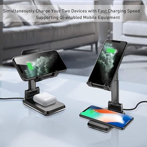 Tiluza Wireless Charger, 2 in 1 Dual Wireless Charging Stand, Adjustable Phone Holder for Desk 10W Qi Fast Charger Compatible with iPhone 14/13/12/11/Pro/Xs/Max/XR/X AirPods, Samsung S23/S22 thumbnail 2