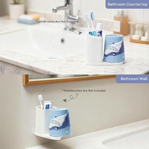 Lily's Home Kids Toothbrush Holder - 3D Shark Tumbler & Organizer Set - Fun Bathroom Storage Decor - Blue/White Design - Kids Bathroom Accessories - Space-Saving Holder for Toothbrush/Toothpaste thumbnail 5