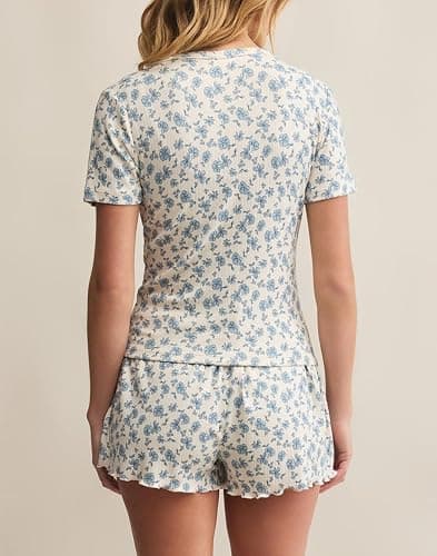 Lacozy Cute Pajama Sets for Women 2 Piece Short Pj Sets Woman Sleepwear | Womens Summer Pajamas Sets, Cute Pjs, Floral Print, Button Shirt and Shorts, Y2k Pajamas Shorts Set, Soft Loungewear, Lounge thumbnail 4