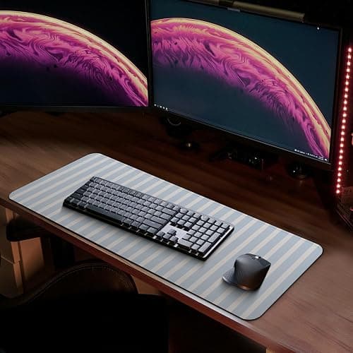MAY FLOWER Large Aesthetic Mouse Pad, Full Kawaii Keyboard Mat with Cozy Striped Pattern, Cute Computer Mouse Mat, Anti-Slip Rubber Base, 31.5 x 11.8 Inches (Light Blue) thumbnail 7