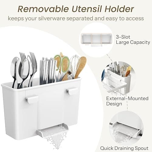 SNTD Dish Drying Rack - Small Dish Rack for Kitchen Counter, Stainless Steel Dish Drainer with Utensil Holder and Drainboard, 11" W x 15" L (White) thumbnail 7