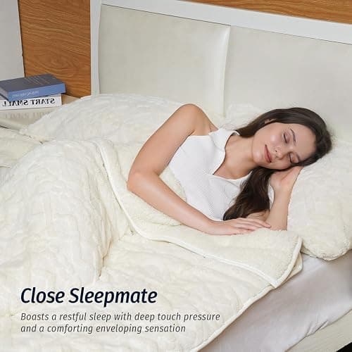 Wemore Weighted Blanket for Adults Twin Size 15 lbs, Dual Sided Soft Fuzzy Jacquard Sherpa Weighted Blankets for Sleeping, Cozy Fluffy Knitted Heavy Blanket for Couch Bed, Cream White, 60 x 80 inches thumbnail 3