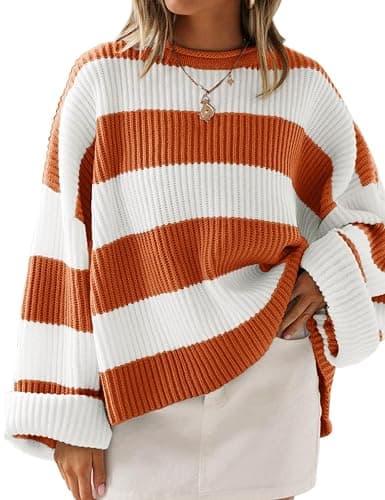 ZESICA Women's 2025 Fall Long Sleeve Oversized Striped Color Block Comfy Loose Crew Neck Knitted Pullover Sweater - Image 1