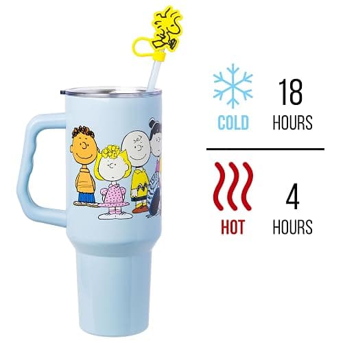 Silver Buffalo Peanuts Gang Charlie Brown, Snoopy, Woodstock, Lucy, Sally, Linus, Double Walled Stainless Steel Tumbler with Handle, Straw, and Straw Cap, Fits in Standard Cup Holder, 40 Ounces thumbnail 4