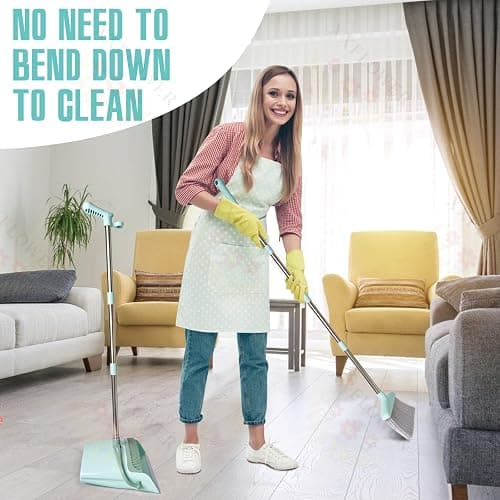 XXXFLOWER Broom and Dustpan Set with Cleaning Teeth, 55" Long Handle Indoor Sweeping Combo for Home Office Kitchen, Bluish Green thumbnail 6