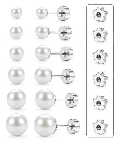 14K Gold Plated Pearl Earrings for Women Flat Back Stud Hypoallergenic | Small Pearl Earring Set, Cartilage Piercing, Stackable Lightweight Shiny Earring Studs, Plum Blossom Bonus, 3-8MM, 6 Pairs - Image 1