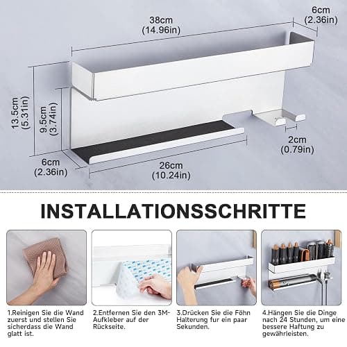 YYBO Föhnhalter Wand Ohne Bohren, Glätteisen Halterung, Föhn Halterung für Glätteisen Lockenstab Styler Zubehör, Fönhalter Wandhalterung, Fönhalterung Bad (Silber) thumbnail 3
