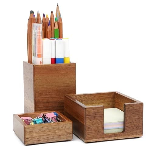 RAWILL 3 PCS Brown Wooden Desk Organizer Set Pine Wood Office Desk Accessories with Pen Holder, Paperclip Storage and Sticky Note Holder, Wood Grain Clear, Ideal Gift for Office and Family - Image 1