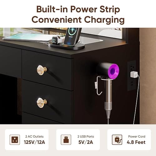 DINGIPP 43.3" Vanity with Large Mirror and 10 LED Lights, Vanity Desk with Glasstop, 11 Drawers with Crystal Handles, Dressing Table with Power Outlet as Gift for Women, Girls (Black) thumbnail 7