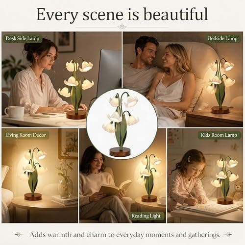 NewAoNaSen Lighting Flower Table Lamp for Bedroom, LED Cute Reading Light | 5 White Magnolia Flower of The Valley Desk Lamp Bedside Lamps for Nightstands Home Decor,Soft Night Light for Living Room thumbnail 4