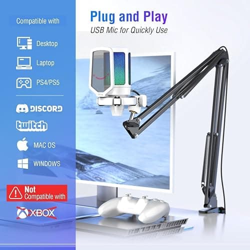 Fifine Gaming Microphone Set for PC, Streaming USB Mic with RGB for PS5, Computer Condenser Cardioid Mic with Boom Arm Stand, Shock Mount, Mute Button for Music Recording,YouTube,Twitch-A6T White thumbnail 7