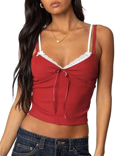 Women Lace Trim Camisole Tops Spaghetti Strap Tank Top Ribbed Knit Slim Fit Cami Shirt Bralettes - Image 1