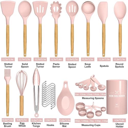Umite Chef Silicone Kitchen Utensils Set, 33 Piece Non-Stick Kitchen Utensils with Stand, Wooden Handle, Pink thumbnail 3