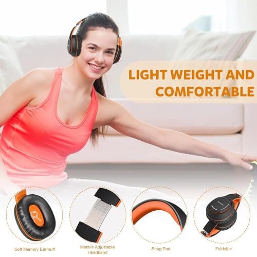 WorWoder Wireless Headphones Over Ear, 80 Hours Playtime Bluetooth Headphones, Hi-Fi Stereo Sound with Microphone, Lightweight Headset with Deep Bass for Travel Work PC Cellphone（Black-Orange） thumbnail 4