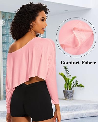 Off The Shoulder Crop Tops for Women Long Sleeve Crop Top Oversized Workout Boat Neck Summer Loose Casual T Shirt thumbnail 4