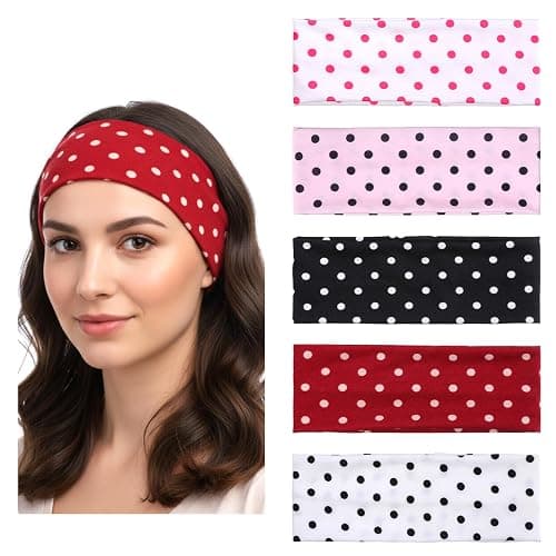 Josojoou 5Pcs Polka Dot Headband Soft Non Slip Headbands Fashion Elastic Wide Headband Yoga Workout Hair Accessories for Women Girls Cosplay Party Hair Styling Decor - Image 1
