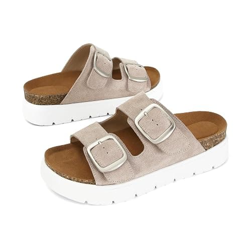 Gengzai Genuine Leather Platform Sandals for Women Comfortable Summer Beach Slides Sandals with Double Adjustable Buckle thumbnail 5