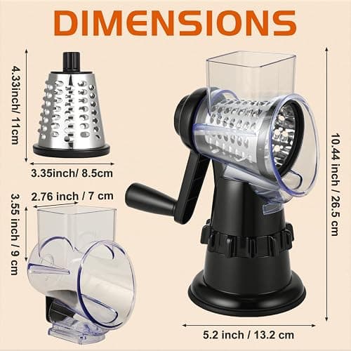 Rotary Cheese Grater Hand Crank, Vegetable Slicer with 3 Blades, Stable Suction, Labor-Saving Handle, Cheese Shredder for Potato Vegetables Nuts Chocolate, Black thumbnail 2