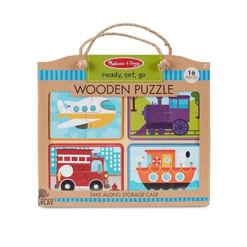 Melissa & Doug Natural Play Wooden Puzzle: Ready, Set, Go (Four 4-Piece Vehicle Puzzles) thumbnail 6