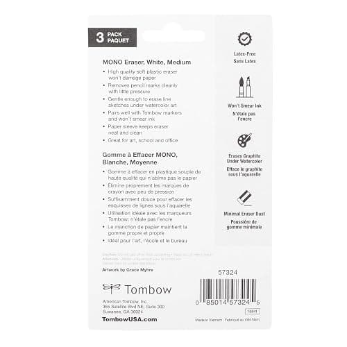 Tombow 57324 MONO Eraser, White, Medium, 3-Pack. Cleanly Removes Marks Without Damaging Paper thumbnail 11